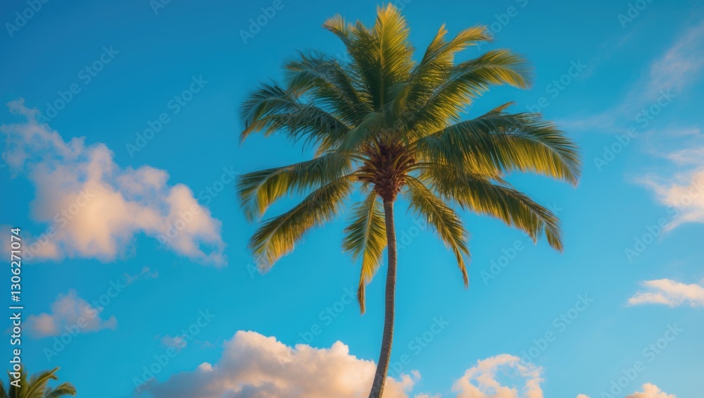 Fototapeta premium A tropical scene featuring a coconut palm tree under a clear blue sky.