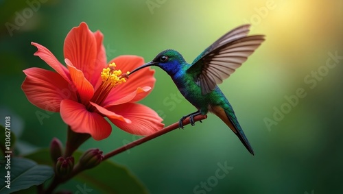 Hummingbird extracting nectar from vibrant red flower, showcasing natural behavior. Wildlife in Ecuador featuring the Great sapphirewing, Pterophanes cyanopterus, a large blue hummingbird found in ... photo