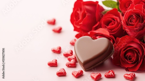 A romantic composition featuring red roses and chocolate heart-shaped candies, perfect for celebrations of love and affection.