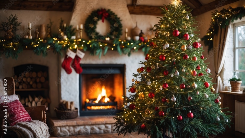 Charming Christmas tree and cozy fireplace in a cottage setting Charming Christmas tree and cozy fireplace in a cottage setting