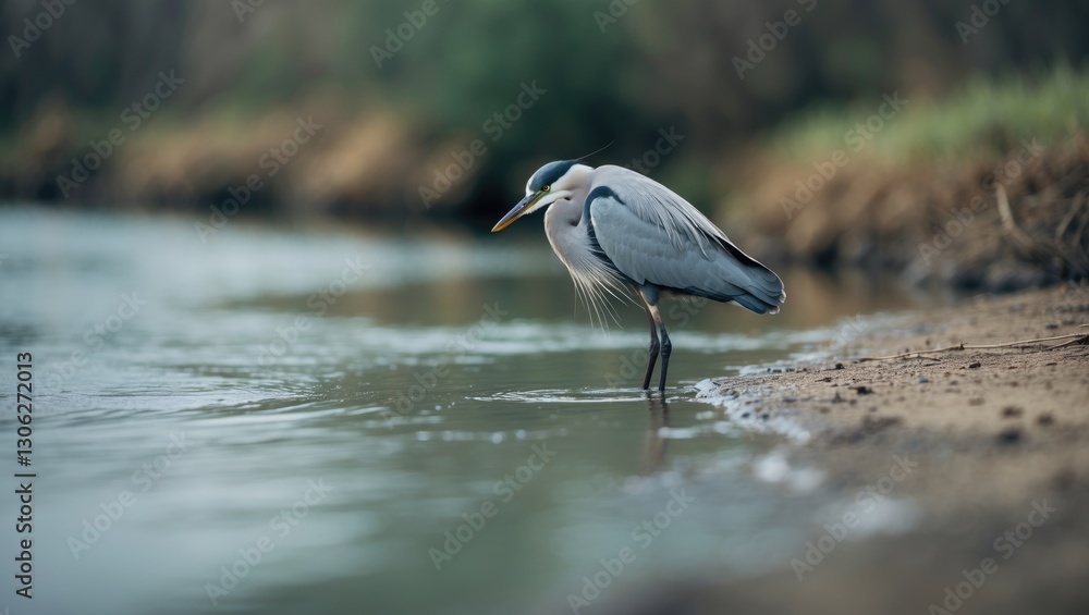 Fototapeta premium a solitary bird by the river conveying a sense of isolation