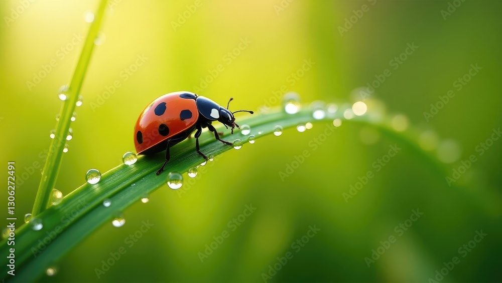 A summer scene featuring a ladybug on vibrant, fresh grass adorned with morning dew droplets, captured in a wide-angle shot with a soft focus on the natural background. A summer scene featuring a ladybug on vibrant, fresh grass adorned with morning dew droplets, captured in a wide-angle shot with a soft focus on the natural background.
