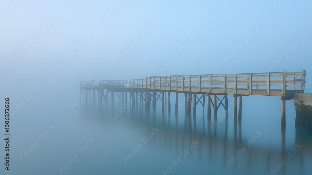 Obraz premium Misty Pier on Calm Water, Serene Foggy Seascape