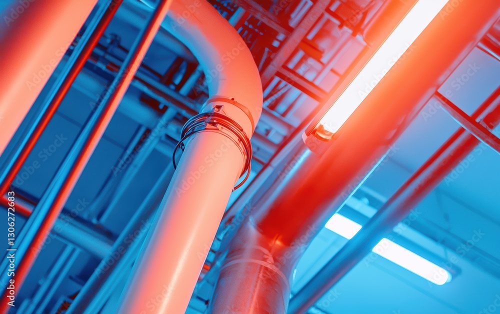 Naklejka premium Cyberpunk-inspired wiring system with glowing blue and red cables, futuristic AI-powered machine control interface in a factory setting