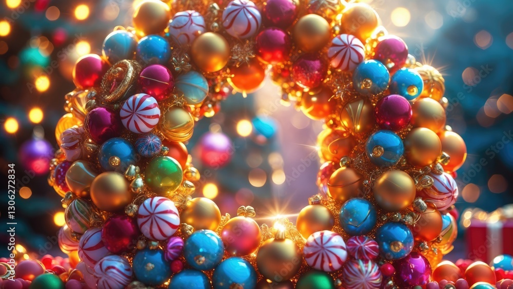 Holiday backdrop featuring a candy and ornament wreath in shades of gold Holiday backdrop featuring a candy and ornament wreath in shades of gold