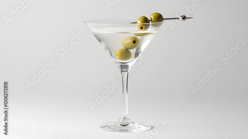 crystal clear martini glass with classic olive garnish sits elegantly against plain background, showcasing timeless cocktail