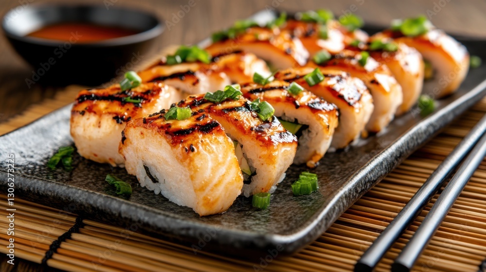 Grilled Sushi on Dark Plate Grilled Sushi on Dark Plate