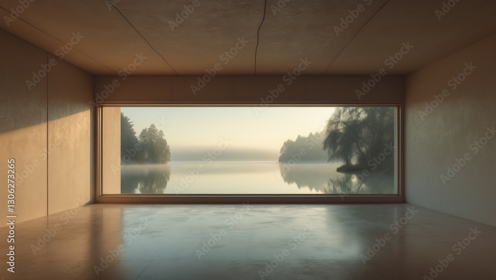 Obraz premium contemporary home, vacant space with a view of the lake through a large window