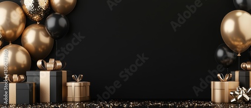 A festive arrangement of black and gold balloons with gift boxes, set against a sleek black background, perfect for celebration themes.