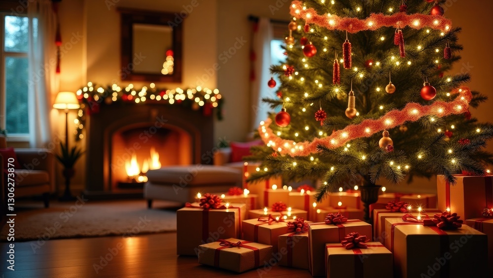 festive season, joy, and domestic atmosphere - scene of a cozy living room featuring a decorated Christmas tree and wrapped presents festive season, joy, and domestic atmosphere - scene of a cozy living room featuring a decorated Christmas tree and wrapped presents
