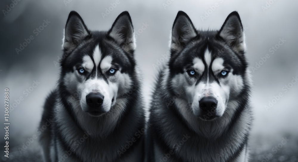 Monochrome image of two Siberian Huskies gazing in the same direction. Monochrome image of two Siberian Huskies gazing in the same direction.