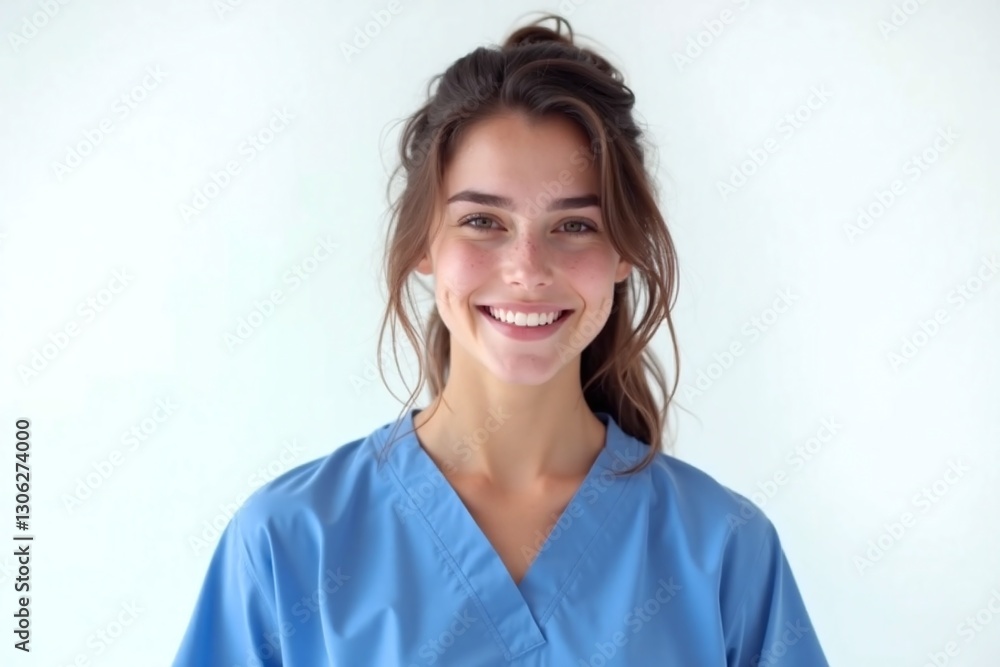 young woman in a blue scrub top smiles at the camera young woman in a blue scrub top smiles at the camera