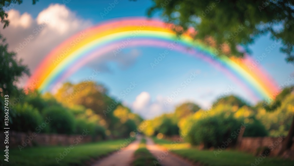 Naklejka premium Nature park scene featuring a rainbow arching across the sky