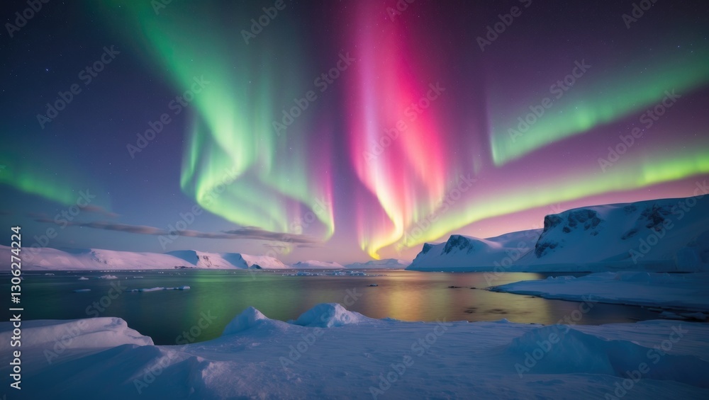 Naklejka premium Stunning Arctic Ocean View Featuring Brilliant Polar Lights Against a Striking Natural Backdrop. Captivating night scene of the Aurora Borealis illuminating a northern region. Breathtaking Antarcti...