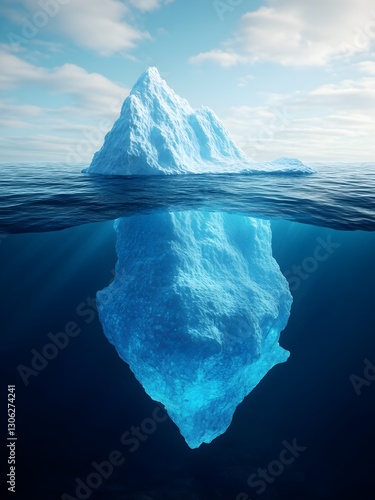 Frozen landscapes of icebergs, white and melting, reflect in cold sea and lake waters from Antarctic and Arctic regions