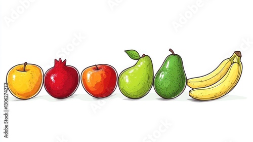 Colorful fruit sketch illustration, vibrant display of various fruits, against a plain background, for food illustrations photo