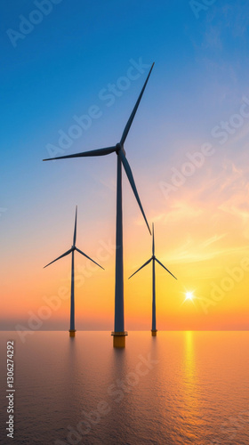 Wind turbines in serene offshore setting during vibrant sunset, symbolizing renewable energy
