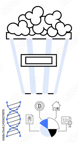 Popcorn bucket filled with fluffy popcorn, DNA chain structure, cryptocurrency icon, home, data chart, contract. Ideal for entertainment, science, genetics technology blockchain business