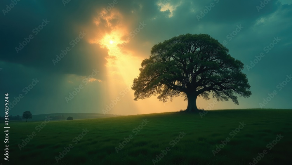 Obraz premium As twilight falls, a beam of light breaks through the striking sky, illuminating a solitary oak tree.