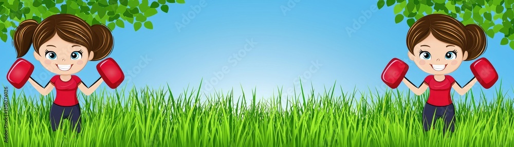 Girls boxing outdoors, summer day, green grass background. Healthy lifestyle illustration Girls boxing outdoors, summer day, green grass background. Healthy lifestyle illustration