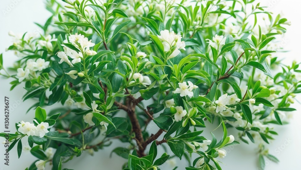 new tea tree branches, aerial view, set against white background new tea tree branches, aerial view, set against white background