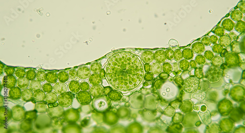 Microscopic View of Green Plant Cells displaying Chloroplasts and Cell Walls. photo