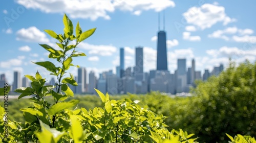 Lush green vegetation in the foreground with a heavily industrialized skyline in the background, symbolizing the conflict between nature and industry
