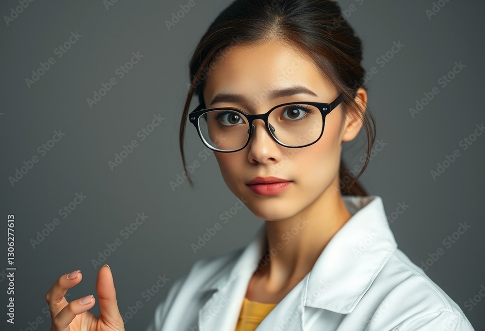 Photorealistic portrait of a curious female scientist