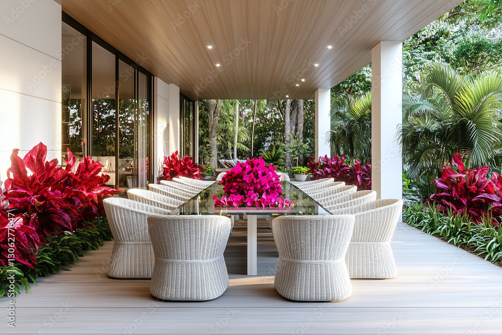 Fototapeta premium An elegant outdoor dining area with a long glass table, white wicker chairs, vibrant red plants, and lush tropical greenery.