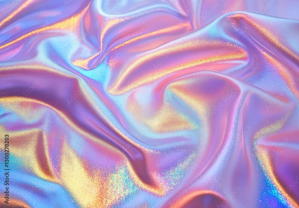 Fototapeta premium Shimmering Iridescent Fabric with Gentle Waves and Colors, Perfect for Backgrounds, Textiles, or Fashion Projects and Designs in Soft Light