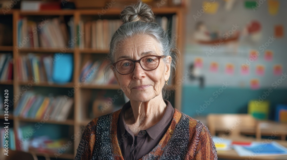 Obraz premium A portrait of an elderly female teacher with gray hair, showcasing her wisdom and dedication in a classroom environment filled with vibrant learning materials.