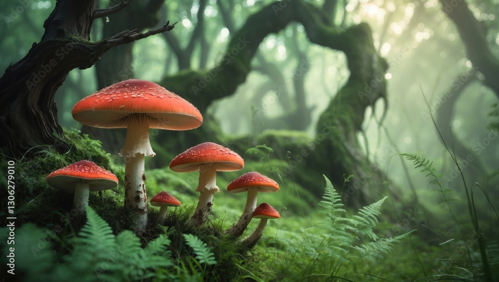 Fototapeta premium mystical crimson fungi in an enchanted forest