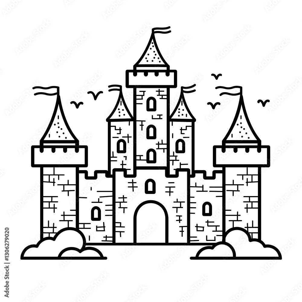 Fototapeta premium Medieval Castle Fortress: Black and White Illustration with Turrets and Clouds - Iconic Historical Landmark Design for Fantasy and Fairytale Art