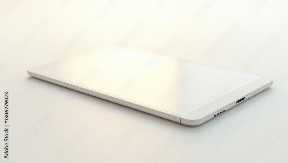 Against a white background, a solitary mockup of a white tablet with a blank display rests on the surface. High-resolution, sharply-focused imagery. Against a white background, a solitary mockup of a white tablet with a blank display rests on the surface. High-resolution, sharply-focused imagery.
