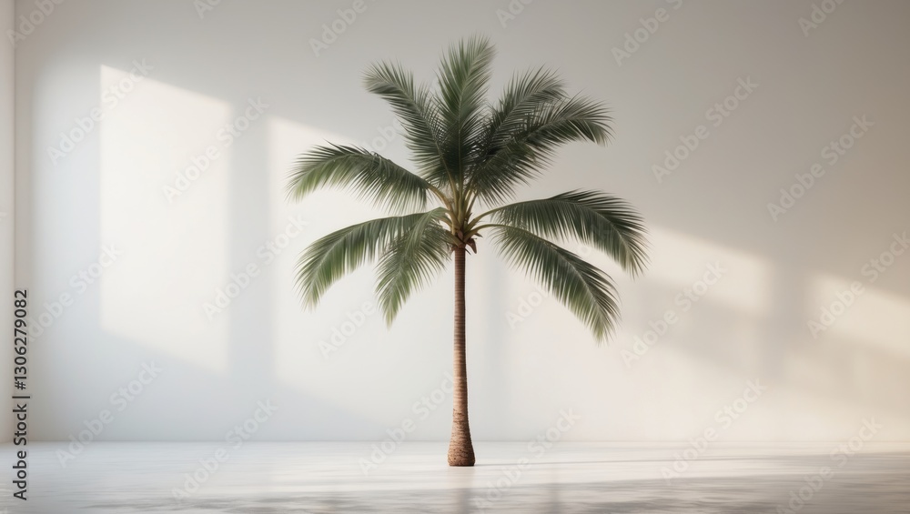 Obraz premium A coconut palm tree is depicted against a plain white backdrop, devoid of any fruit.