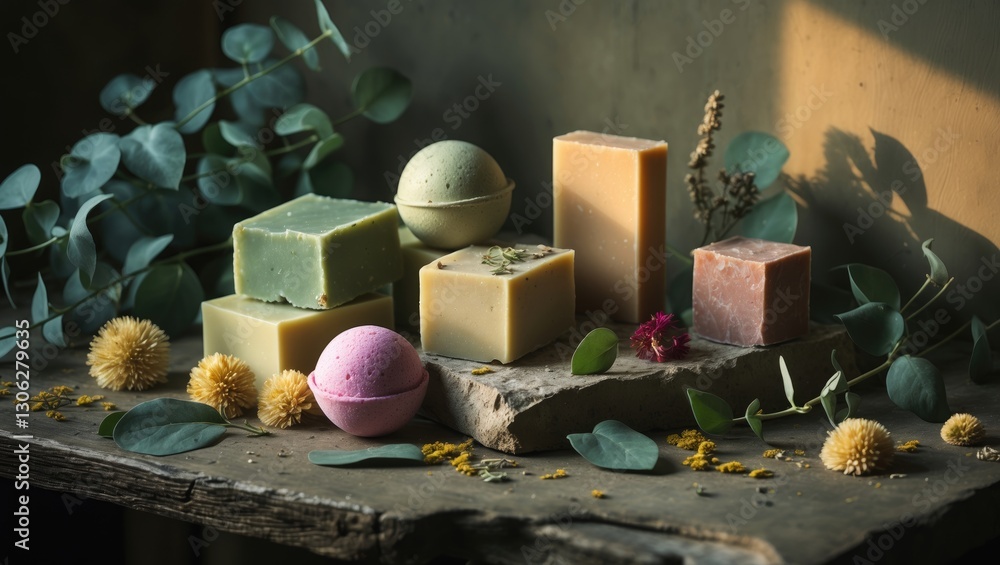 Fototapeta premium Handcrafted bath products including natural soap and bath bombs