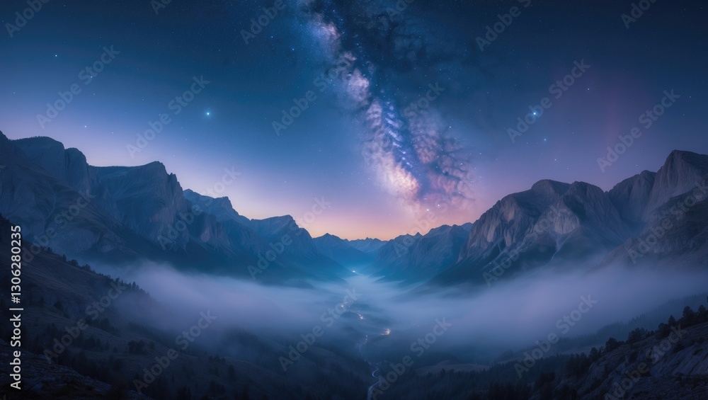 Scenic view featuring the blue Milky Way. Starry night sky over mountains, showcasing a stunning mountain valley in the universe. Scenic view featuring the blue Milky Way. Starry night sky over mountains, showcasing a stunning mountain valley in the universe.