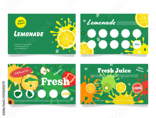 An organic juice store loyalty card that rewards regular purchases of fresh lemonade and juice with a rewards program