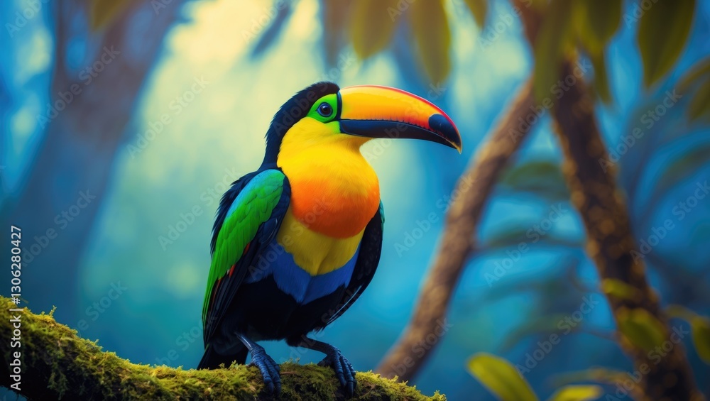 Naklejka premium Image title: Keel-billed Toucan (Ramphastos sulfuratus) on a branch in a tropical reserve in Costa Rica. Wildlife bird.