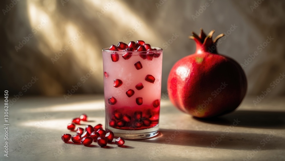 Pomegranate beverage and whole pomegranate. Pomegranate beverage and whole pomegranate.