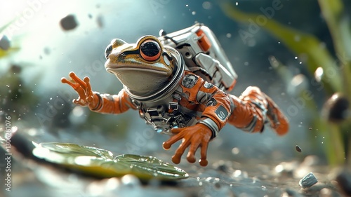 A flabbergasted frog leaping in zero gravity, awed by a giant shimmering space lily pad.