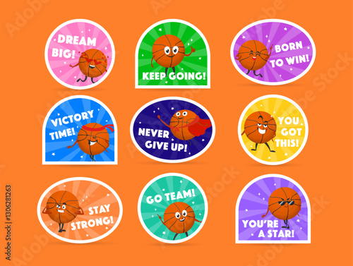 Fun and motivational basketball stickers featuring vibrant designs and encouraging messages for athletes