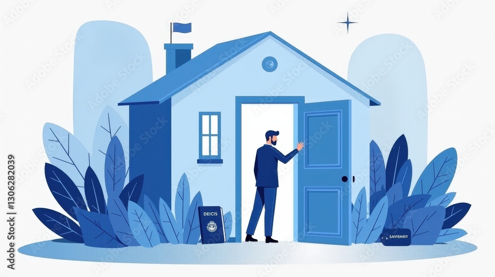 Obraz premium A stock illustration representing Immigration policy in blue and white, with geometric shapes, open doors, and passports. Visual hierarchy and texture overlays enhance spatial complexity.