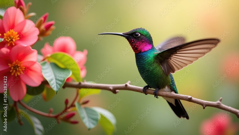 Obraz premium Dorosły samiec kolibra Anny siedzący na tle kwiatów.