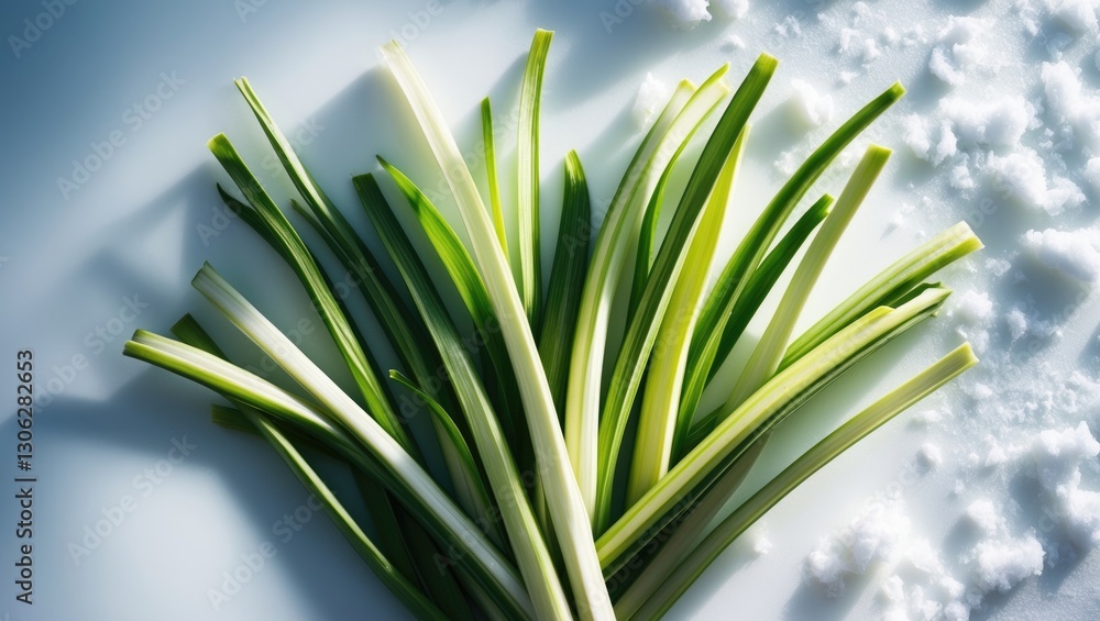 Obraz premium Sliced lemongrass leaves viewed from above, arranged on a white surface.