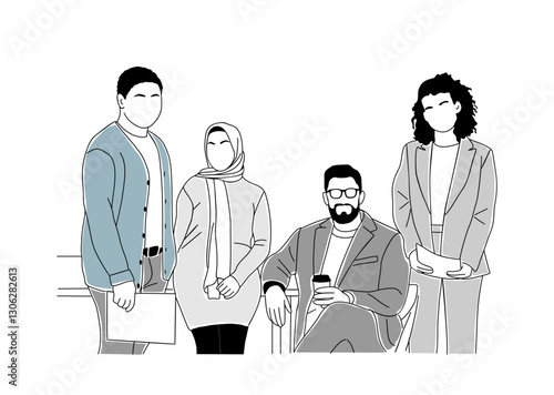 Multinational business team work scene illustration. Diverse multiethnic men and women working together. Modern vector simple outline illustration for graphic, web design isolated