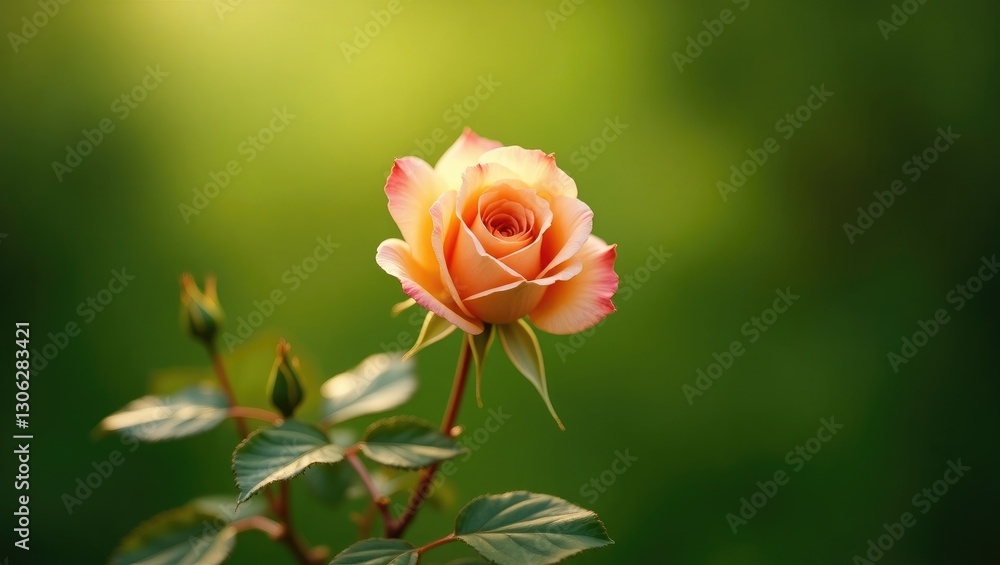 Amidst a green backdrop, a solitary peach rose adorned with leaves stands out. Stunning flower exceptional photograph. Amidst a green backdrop, a solitary peach rose adorned with leaves stands out. Stunning flower exceptional photograph.
