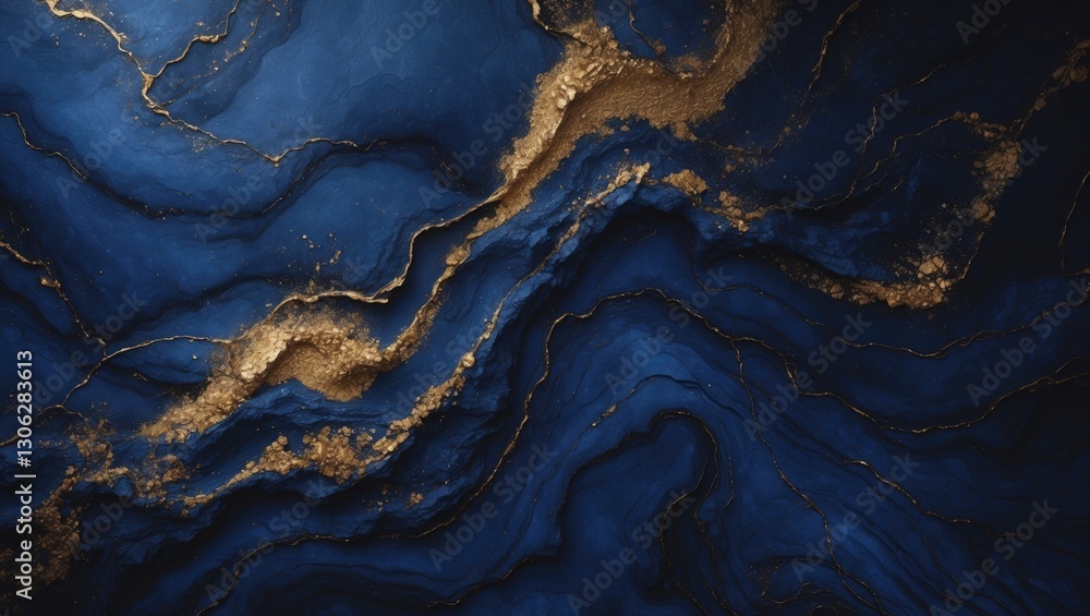 Fototapeta premium opulent wallpaper. Deep ocean blue marble with gold abstract design. Rich indigo marbling featuring natural luxurious swirls of marble and golden powder.