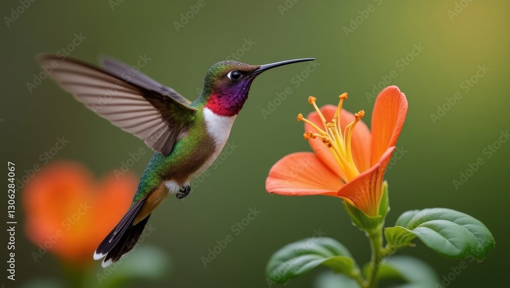Fototapeta premium Male Allens Hummingbird (Selasphorus sasin) hovering near a flower against a green backdrop.