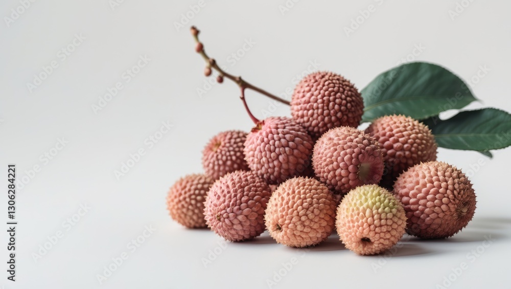 Cluster of lychees set against a plain white backdrop. Cluster of lychees set against a plain white backdrop.